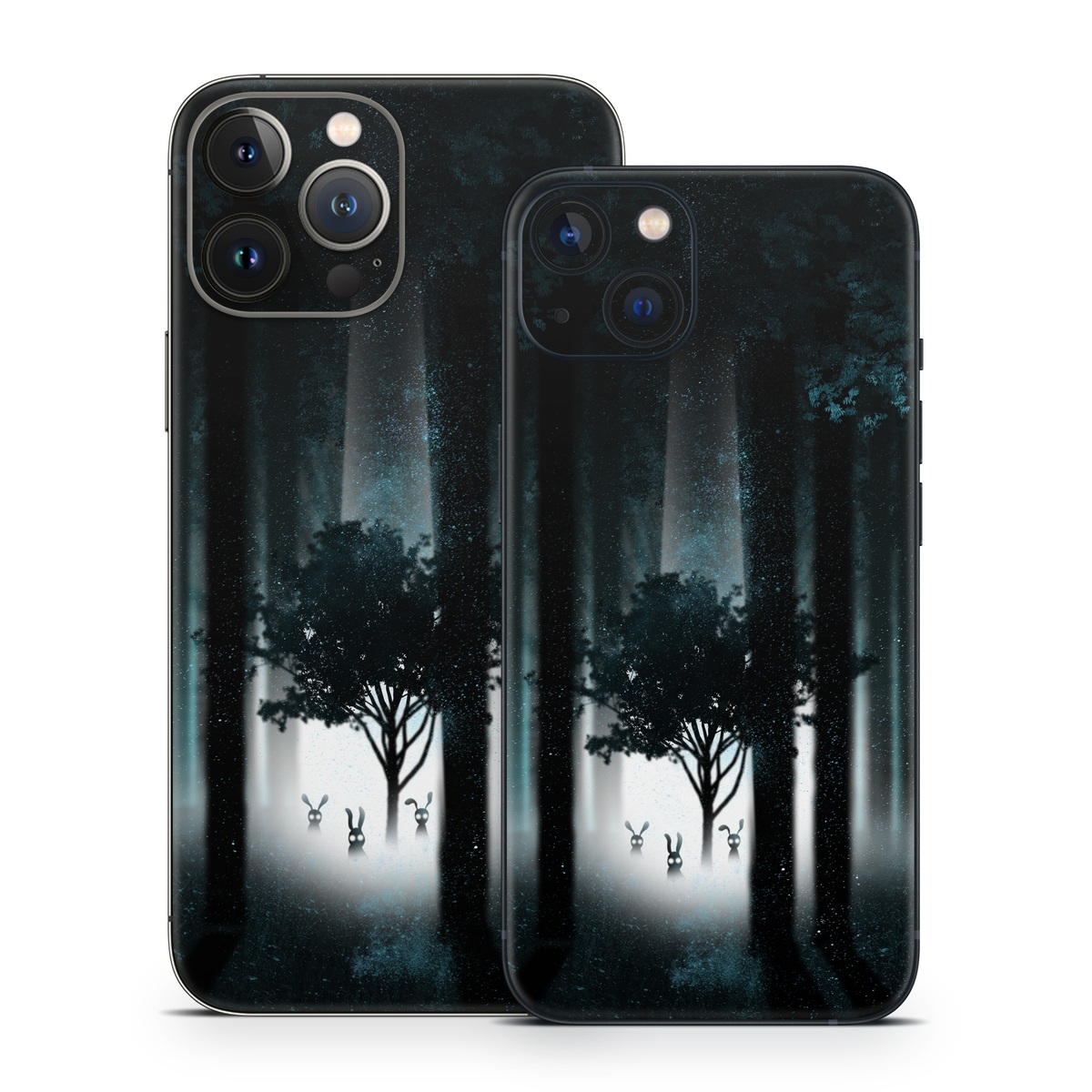 iPhone 13 Series Skin design of Darkness, Black, Nature, Tree, Natural environment, Forest, Atmosphere, Atmospheric phenomenon, Light, Natural landscape, with black, blue, white colors