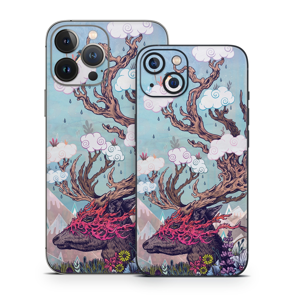 iPhone 13 Series Skin design of Illustration, Tree, Watercolor paint, Painting, Art, Plant, Acrylic paint, Fictional character, Flower, Blossom, with gray, black, red, purple, blue colors