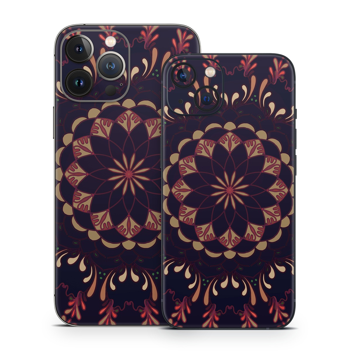 iPhone 13 Series Skin design of Pattern, Brown, Red, Symmetry, Textile, Design, Visual arts, Tapestry, Kaleidoscope, with black, red, orange, yellow, brown colors
