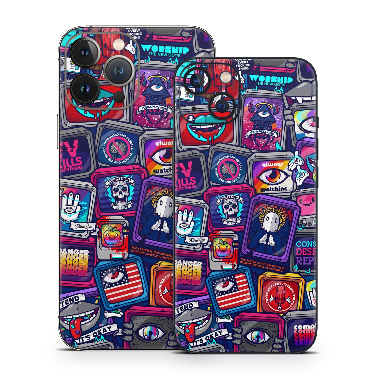 iPhone 13 Series Skin design of Pattern, Font, Art, Visual arts, Collection, with red, blue, black, gray, purple, yellow, white, green colors