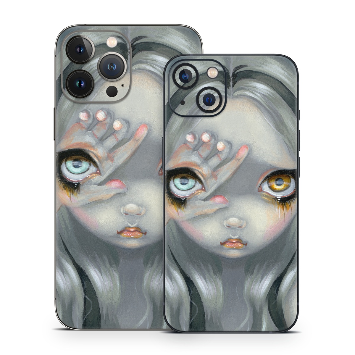 iPhone 13 Series Skin design of Face, Head, Cg artwork, Eye, Illustration, Organ, Fictional character, Art, Iris, Darkness, with black, gray, blue, green colors