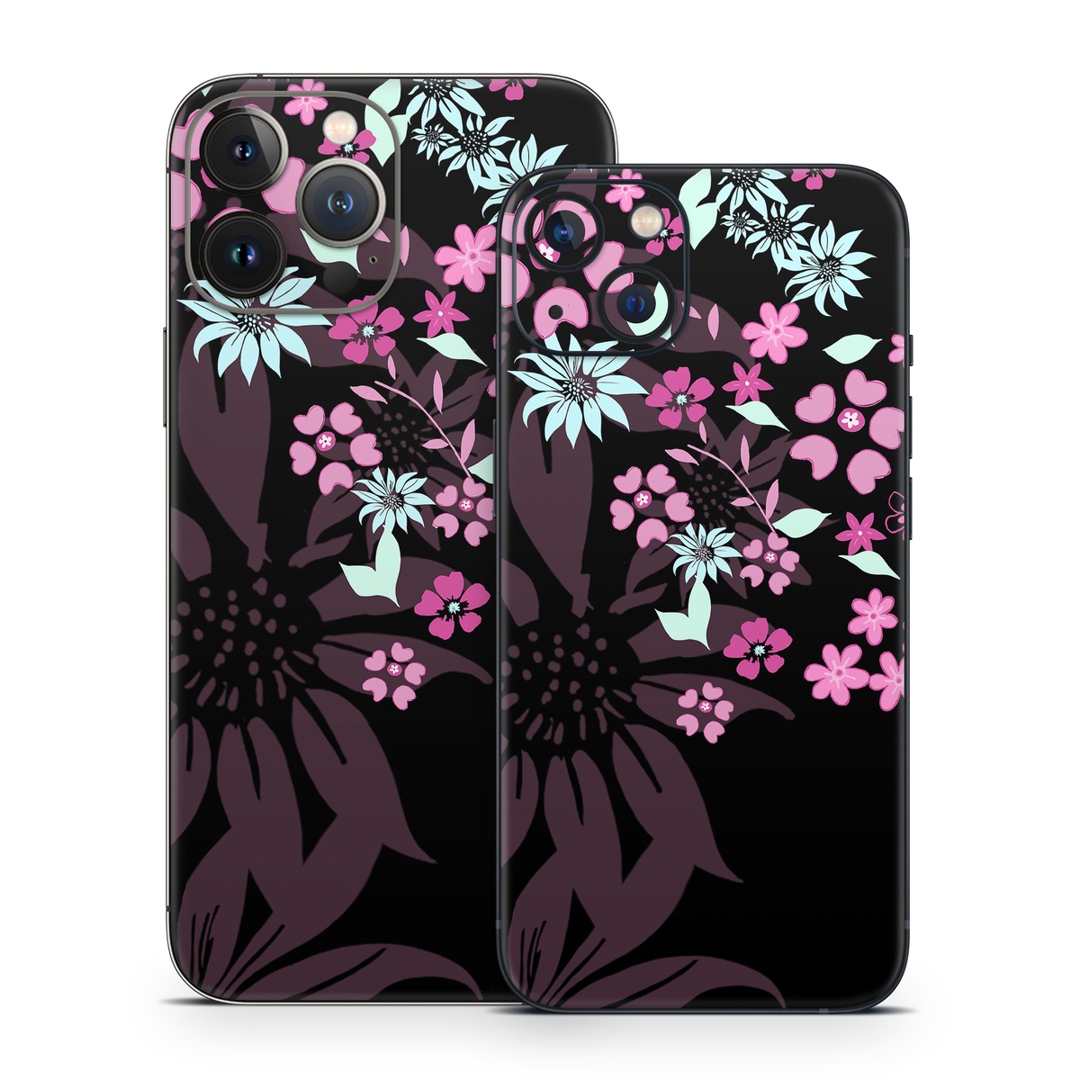 iPhone 13 Series Skin design of Pink, Pattern, Flower, Plant, Botany, Petal, Floral design, Design, Pedicel, Graphic design, with black, gray, purple, green, red, pink colors