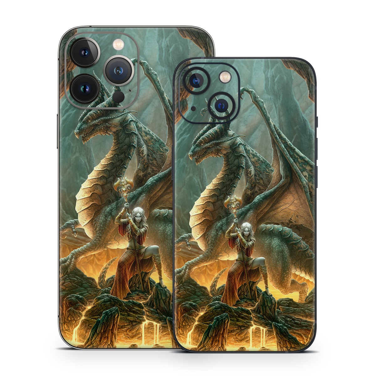 iPhone 13 Series Skin design of Dragon, Cg artwork, Mythology, Fictional character, Mythical creature, Art, Illustration, Cryptid, Sculpture, Demon, with black, green, red, gray, blue colors