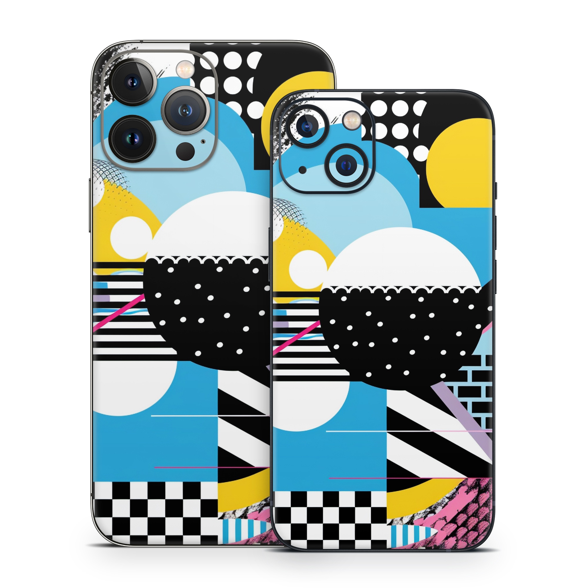iPhone 13 Series Skin design of White, Yellow, Art, Font, Pattern, Circle, Design, Creative arts, Graphics, Electric blue, with blue, pink, white, black, yellow colors