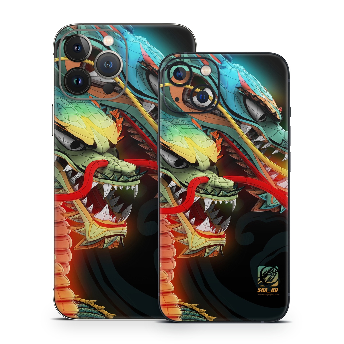 iPhone 13 Series Skin design of Dragon, Fictional character, Illustration, Art, Cg artwork, Fiction, Mythical creature, Graphics, with black, green, red, yellow, orange colors