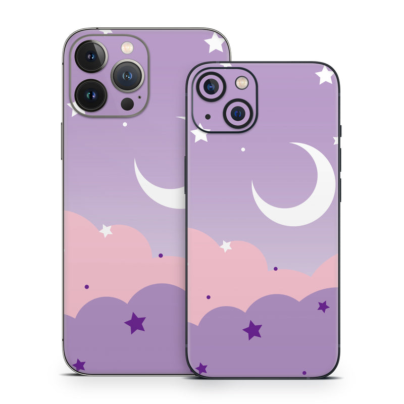 iPhone 13 Series Skin design of Astronomical object, Pink, Star, Purple, Crescent, Moon, Graphics, Animation, Wallpaper, Graphic design, with purple, white colors