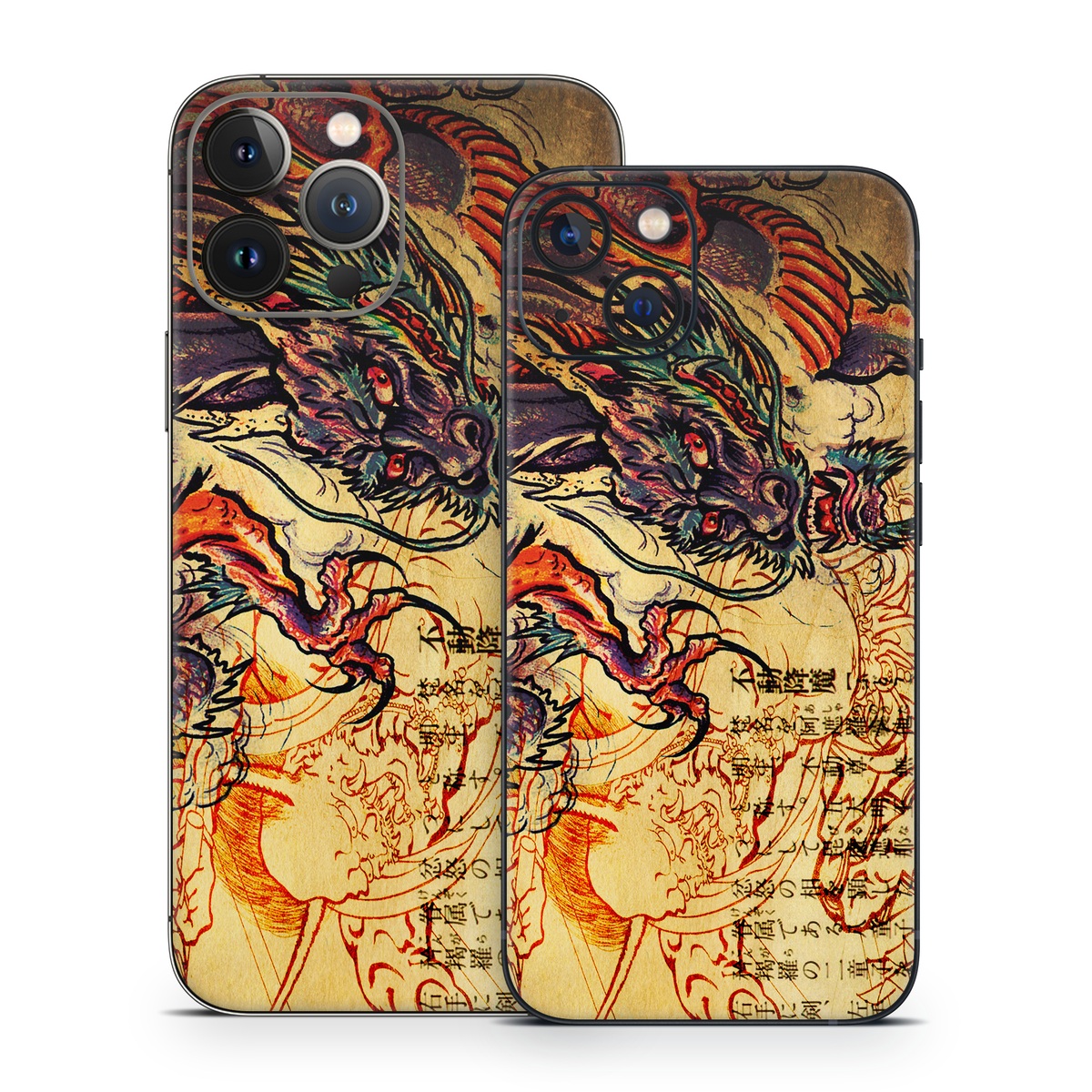 iPhone 13 Series Skin design of Illustration, Fictional character, Art, Demon, Drawing, Visual arts, Dragon, Supernatural creature, Mythical creature, Mythology, with black, green, red, gray, pink, orange colors