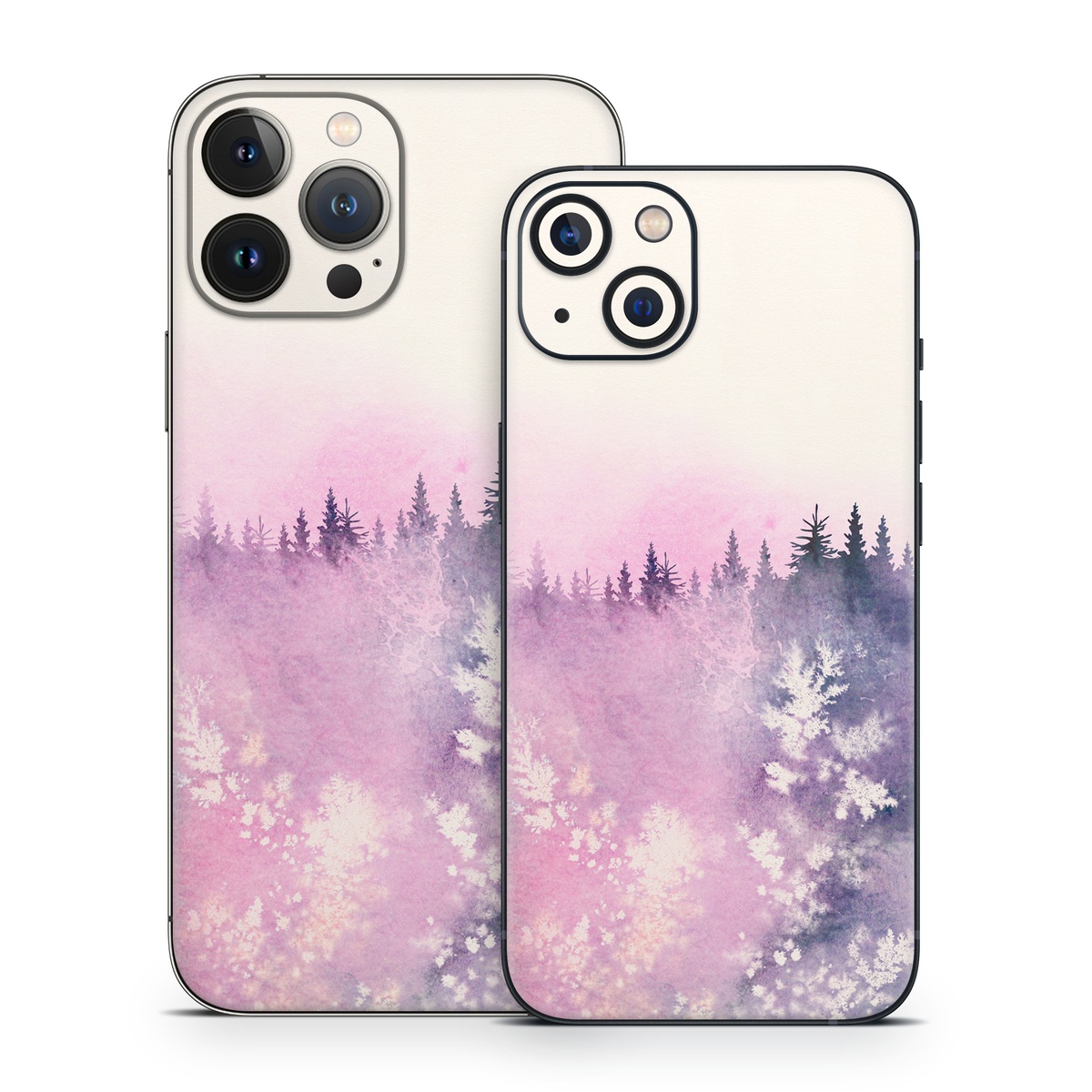iPhone 13 Series Skin design of Watercolor paint, Sky, Atmospheric phenomenon, Tree, Atmosphere, Cloud, Landscape, Forest, Painting, Illustration, with white, yellow, pink, purple, blue, black colors