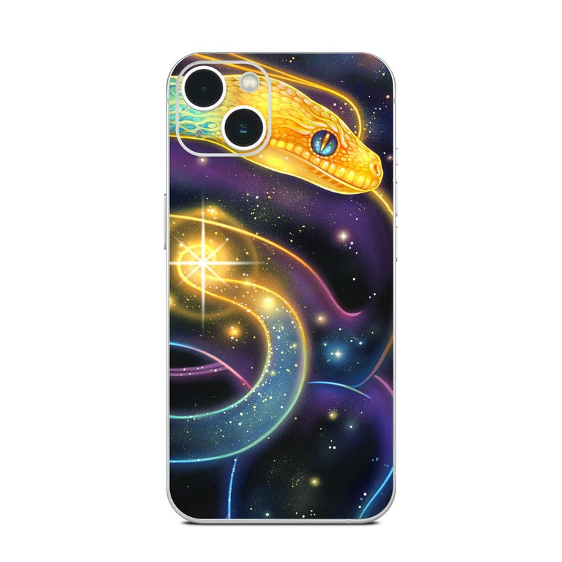 iPhone 13 Series Skin design of Atmosphere, Light, Organism, Art, Font, Astronomical object, Galaxy, Star, Science, Nebula, with black, white, yellow, orange, green, purple colors