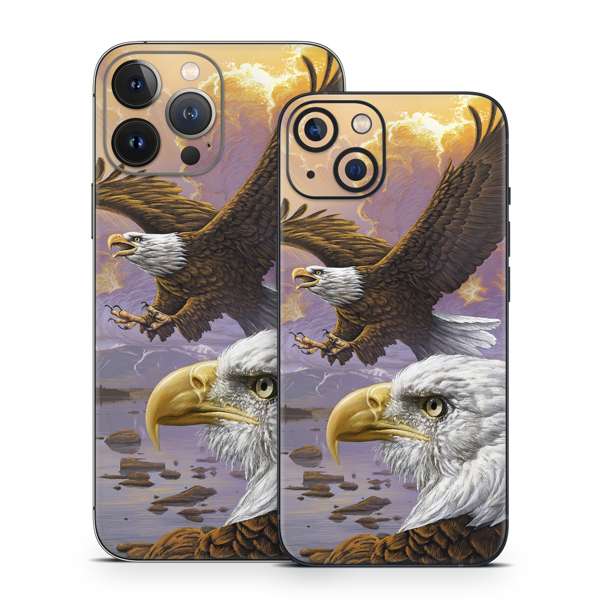 iPhone 13 Series Skin design of Bird, Bird of prey, Bald eagle, Vertebrate, Eagle, Accipitriformes, Accipitridae, Golden eagle, Beak, Hawk, with gray, black, green, red, purple colors