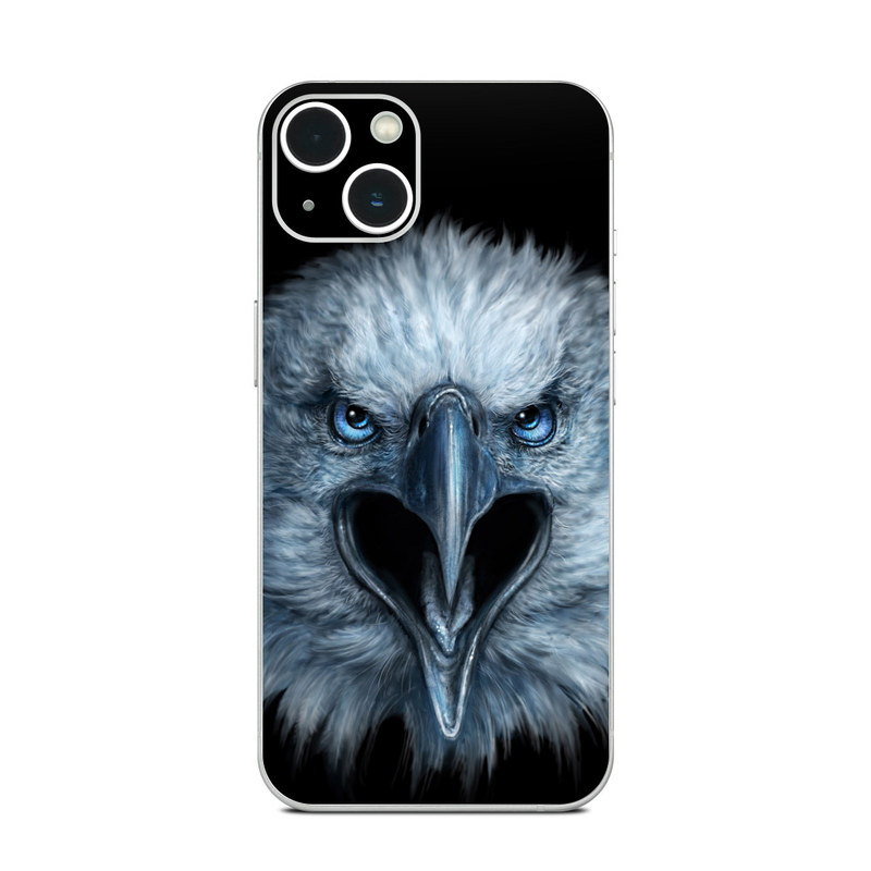 iPhone 13 Series Skin design of Bird, Vertebrate, Bird of prey, Beak, Eagle, Wildlife, Organ, Close-up, Eye, Accipitriformes, with white, gray, black, blue colors