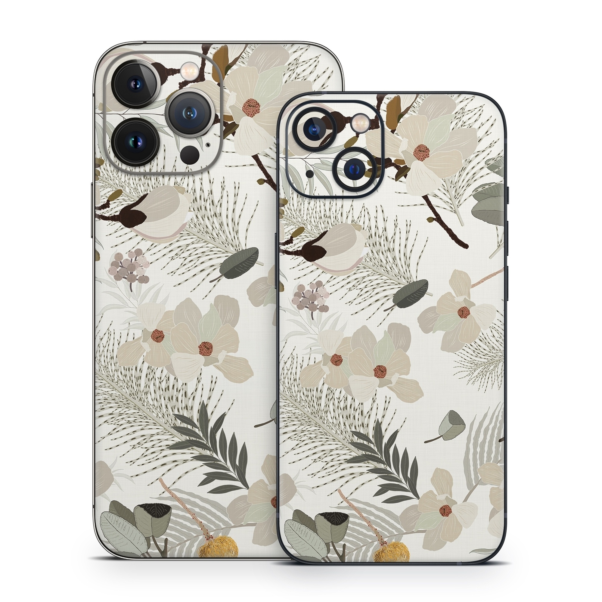 iPhone 13 Series Skin design of Branch, Botany, Twig, Plant, Textile, Organism, Art, Creative arts, Pattern, Tints and shades, with white, green, yellow, brown, gray colors