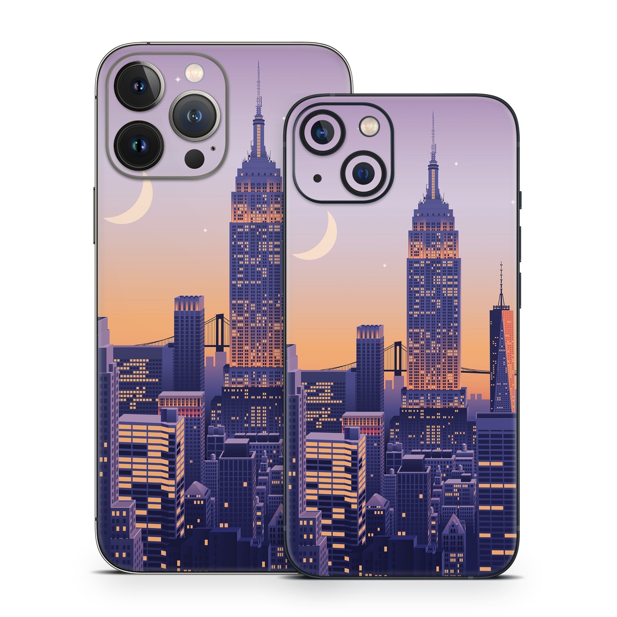 iPhone 13 Series Skin design of Skyscraper, Building, Sky, Atmosphere, Moon, World, Nature, Tower, Afterglow, Dusk, with blue, purple, yellow, orange colors