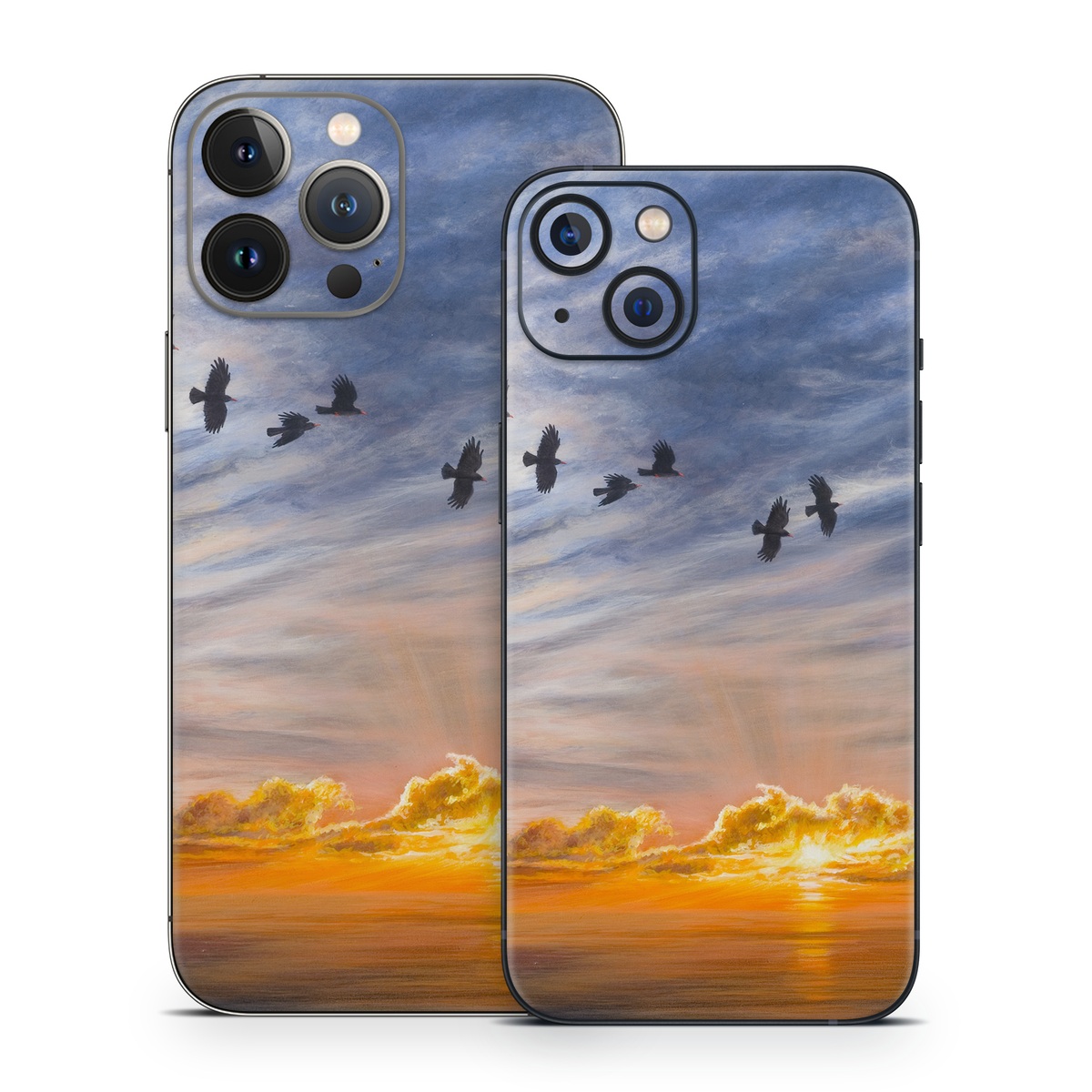 iPhone 13 Series Skin design of Sky, Cloud, Nature, Blue, Daytime, Atmosphere, Sunset, Afterglow, Evening, Horizon, with black, blue, yellow, orange, white colors