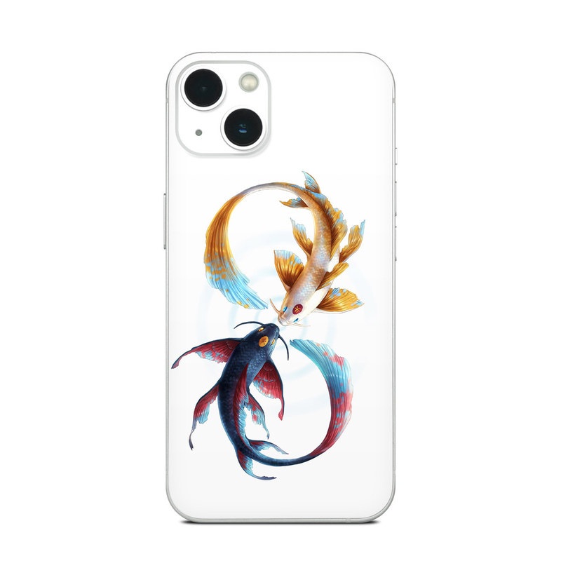 iPhone 13 Series Skin design of Marine invertebrates, Art, Wing, Feather, Tree, Beak, Electric blue, Fish, Natural material, Painting, with white, black, yellow, orange, red, blue colors