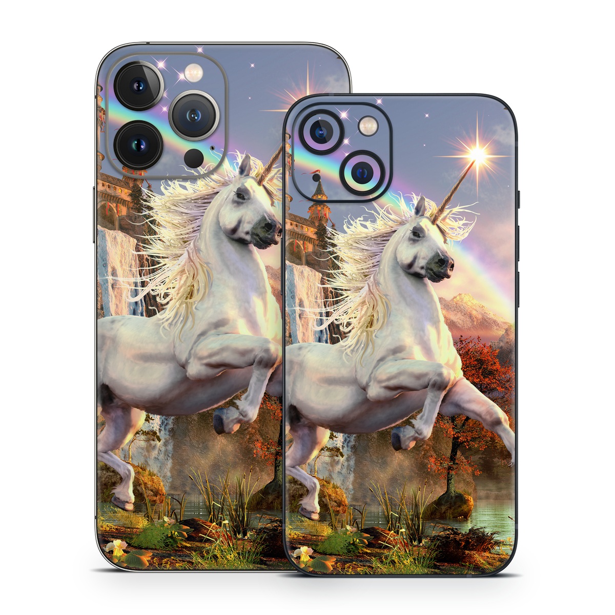 iPhone 13 Series Skin design of Nature, Unicorn, Fictional character, Sky, Mythical creature, Mythology, Cg artwork, Horse, Mane, Wildlife, with black, gray, red, green, blue colors