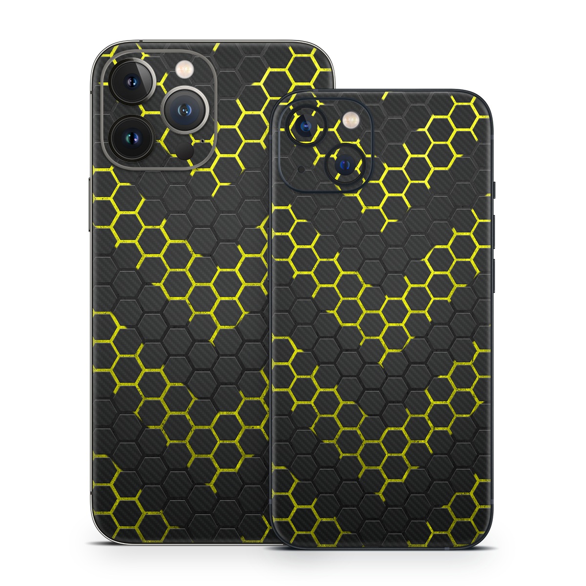 iPhone 13 Series Skin design of Black, Pattern, Yellow, Mesh, Net, Chain-link fencing, Design, Metal, with black, gray, yellow colors
