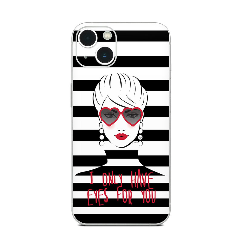 iPhone 13 Series Skin design of Rectangle, Font, Gesture, Eyewear, Art, Technology, Personal protective equipment, Goggles, Logo, Eyelash, with black, white, yellow, red colors