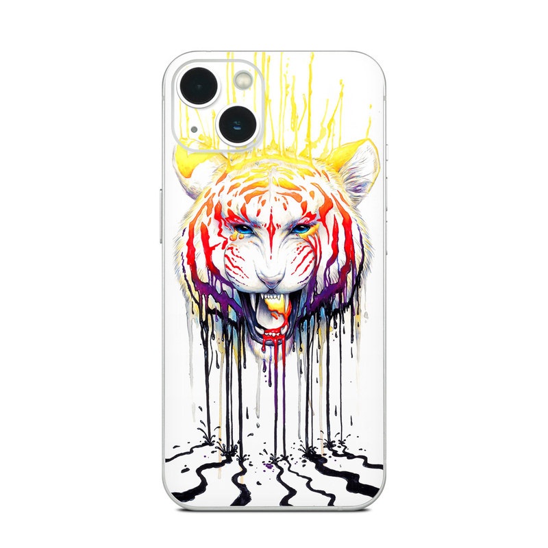 iPhone 13 Series Skin design of Jaw, Roar, Organism, Gesture, Art, Font, Felidae, Painting, Illustration, Drawing, with white, black, yellow, red, orange, purple colors