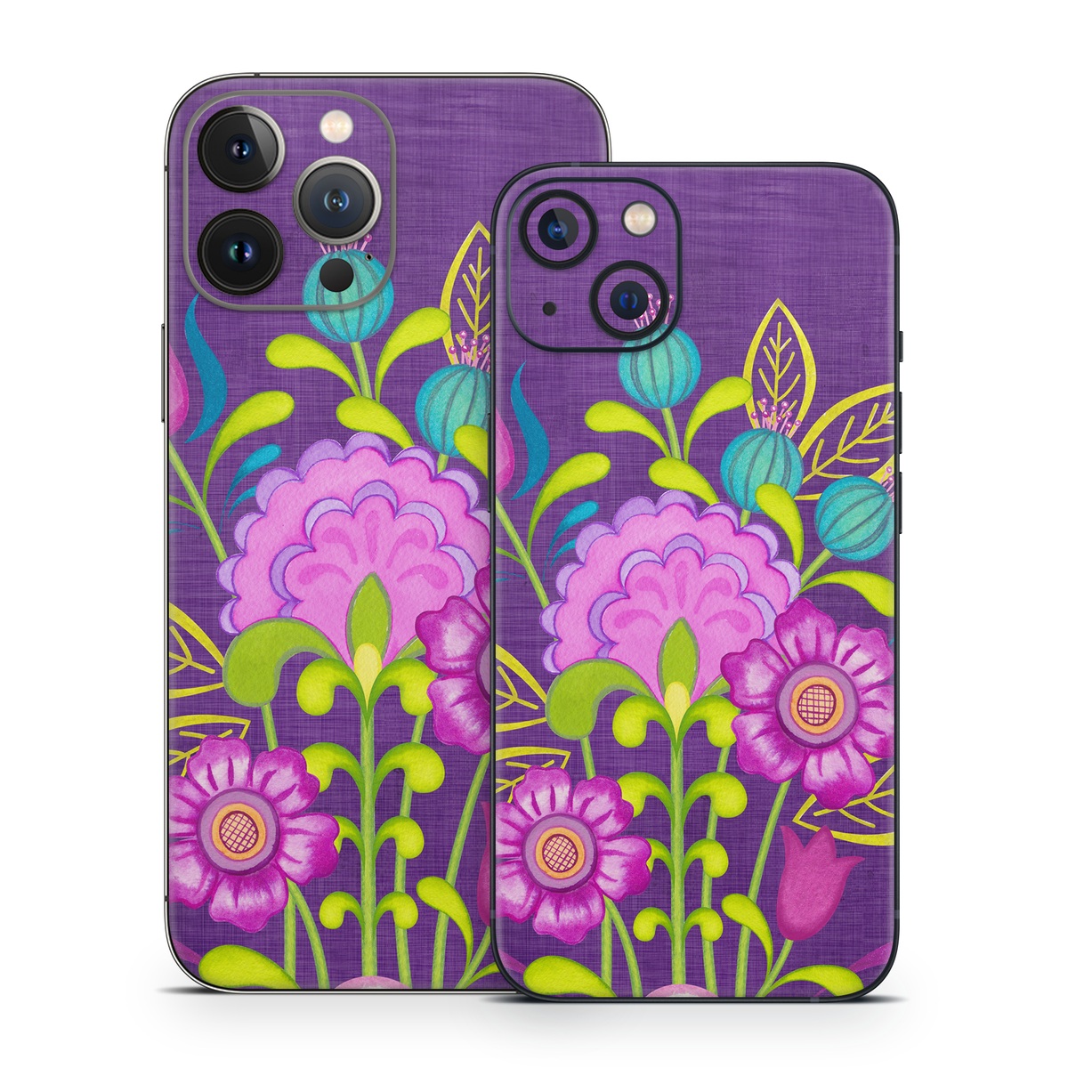 iPhone 13 Series Skin design of Flower, Pattern, Plant, Violet, Botany, Visual arts, Design, Floral design, Art, Magenta, with blue, purple, green, gray, red colors