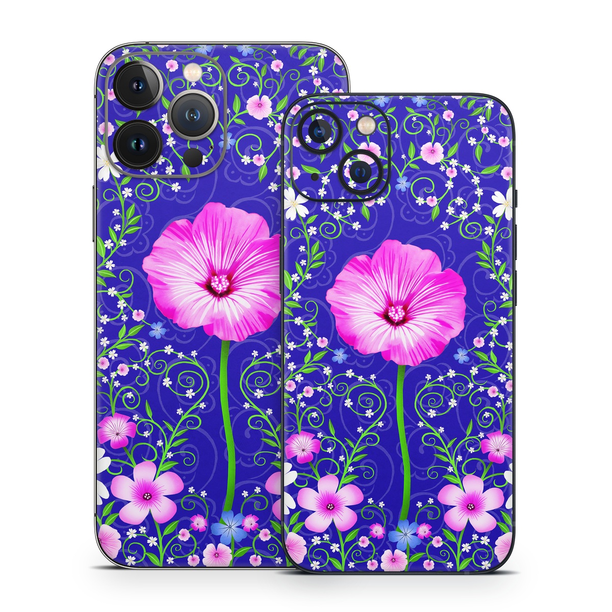 iPhone 13 Series Skin design of Purple, Violet, Flower, Plant, Wildflower, Pattern, Petal, Design, Graphics, Morning glory, with blue, purple, pink, green, white, yellow colors