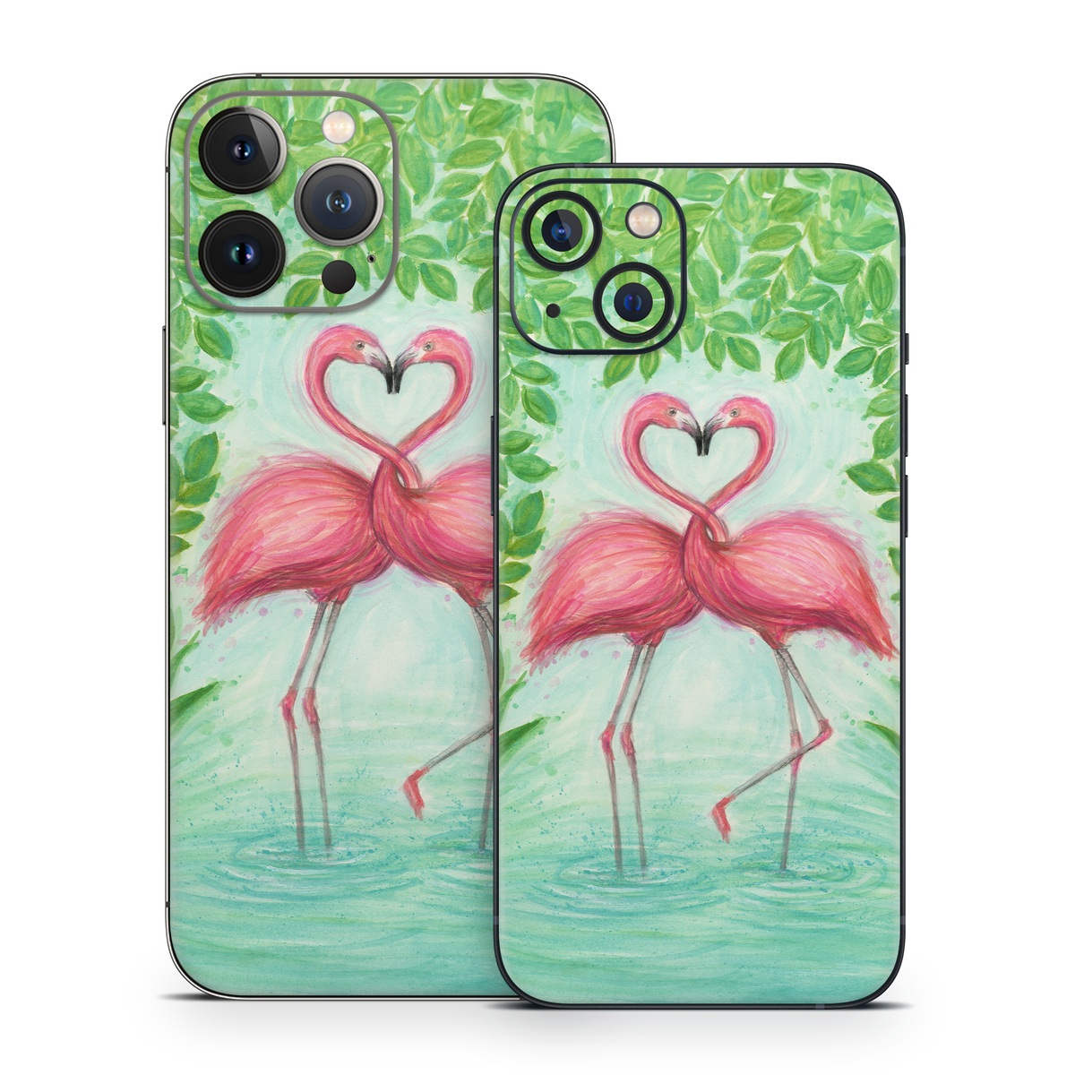 iPhone 13 Series Skin design of Flamingo, Greater flamingo, Bird, Water bird, Pink, Illustration, Watercolor paint, Organism, Drawing, Stork, with pink, blue, green colors