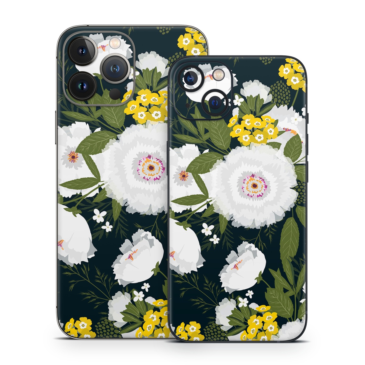 iPhone 13 Series Skin design of Flower, Flowering plant, Plant, Petal, Daisy, mayweed, Wildflower, Floral design, Annual plant, with green, yellow, white, orange colors