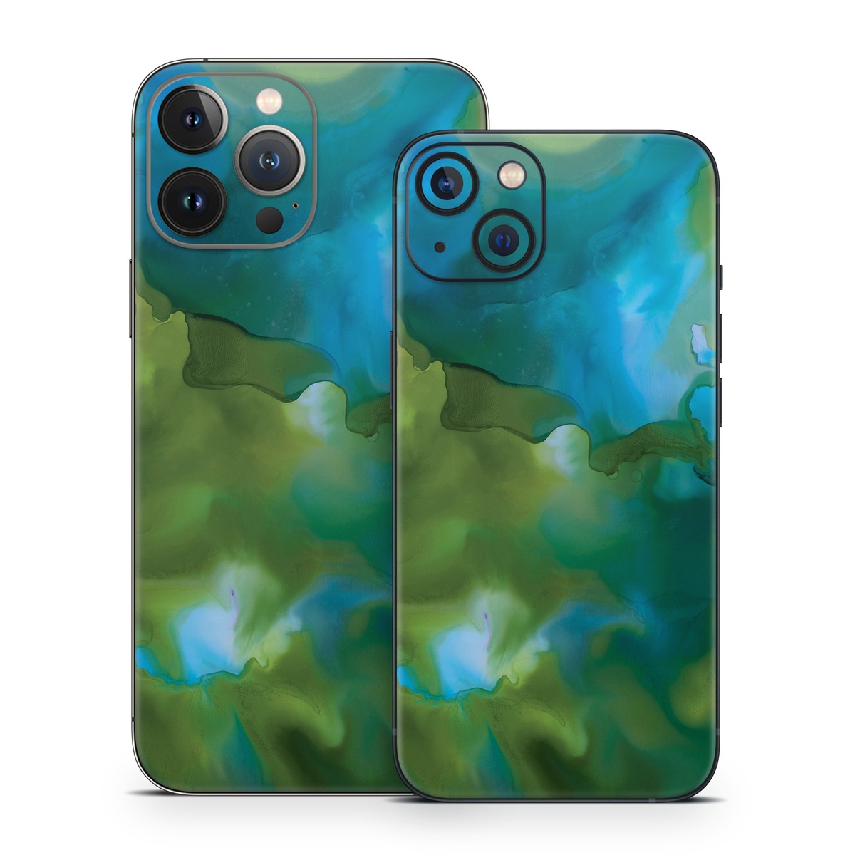 iPhone 13 Series Skin design of Aqua, Blue, Green, Painting, Turquoise, Teal, Water, Acrylic paint, Art, Organism, with blue, green colors