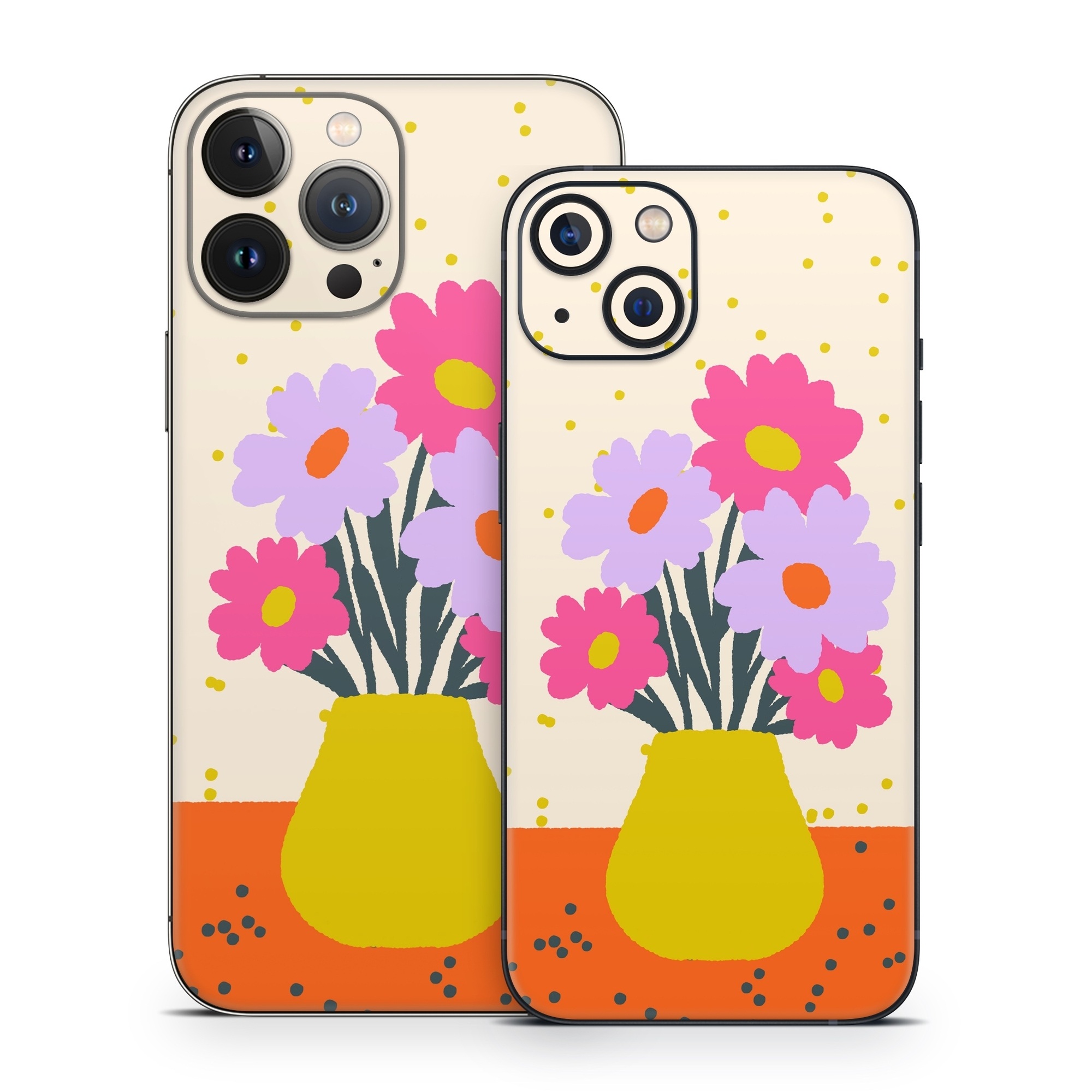 iPhone 13 Series Skin design of Flower, Plant, Vase, Flowerpot, Petal, Happy, People in nature, Liquid, Font, Art, with white, orange, pink, purple, yellow colors