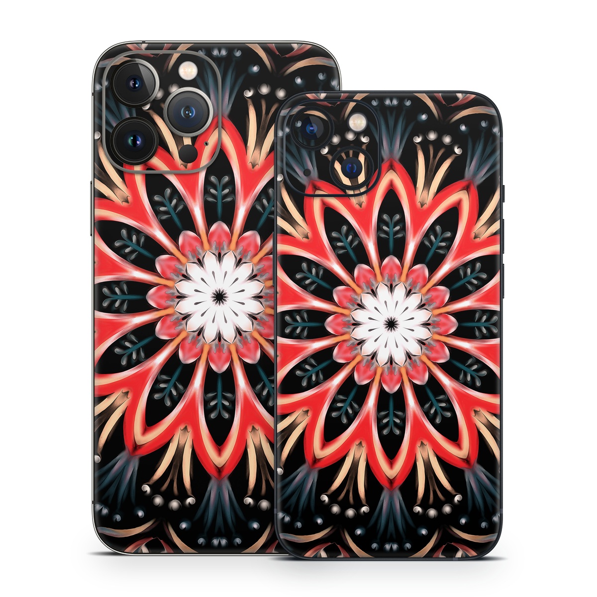 iPhone 13 Series Skin design of Pattern, Psychedelic art, Symmetry, Design, Art, Visual arts, Textile, Kaleidoscope, Fractal art, Ornament, with black, red, white, blue, yellow, orange colors