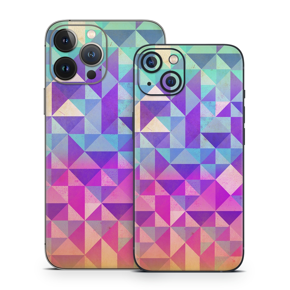 iPhone 13 Series Skin design of Pattern, Purple, Triangle, Violet, Magenta, Line, Design, Symmetry, Psychedelic art, with gray, purple, green, blue, pink colors