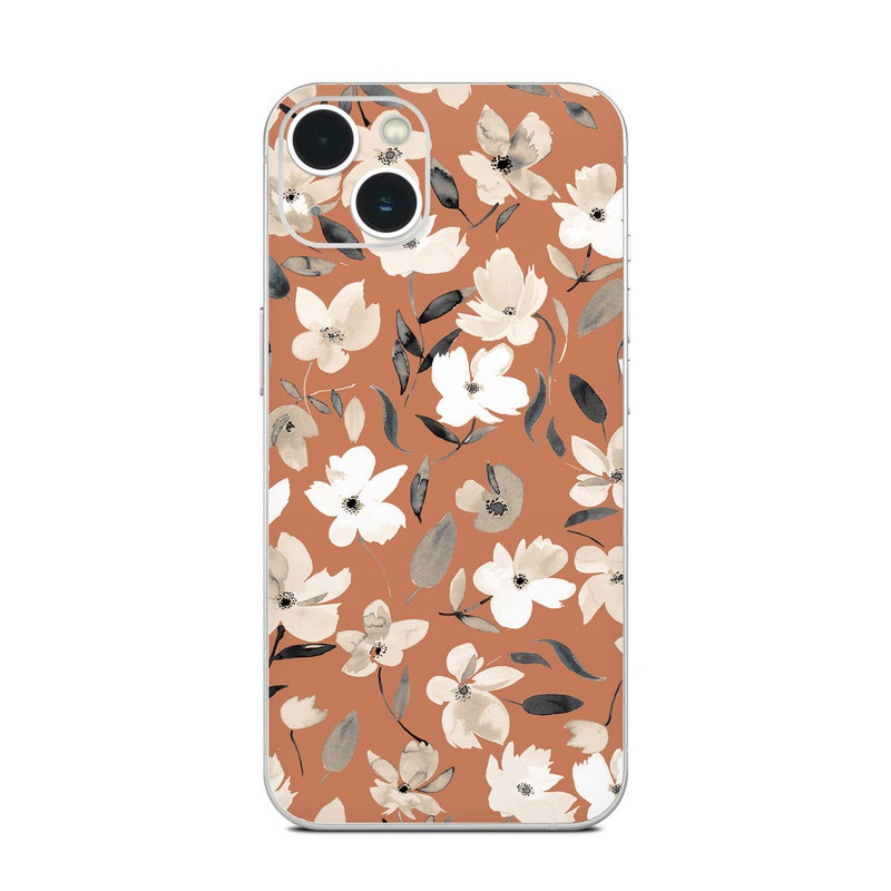iPhone 13 Series Skin design of Flower, Plant, Textile, Botany, Petal, Gesture, Line, Font, Groundcover, Art, with brown, white, gray, black colors