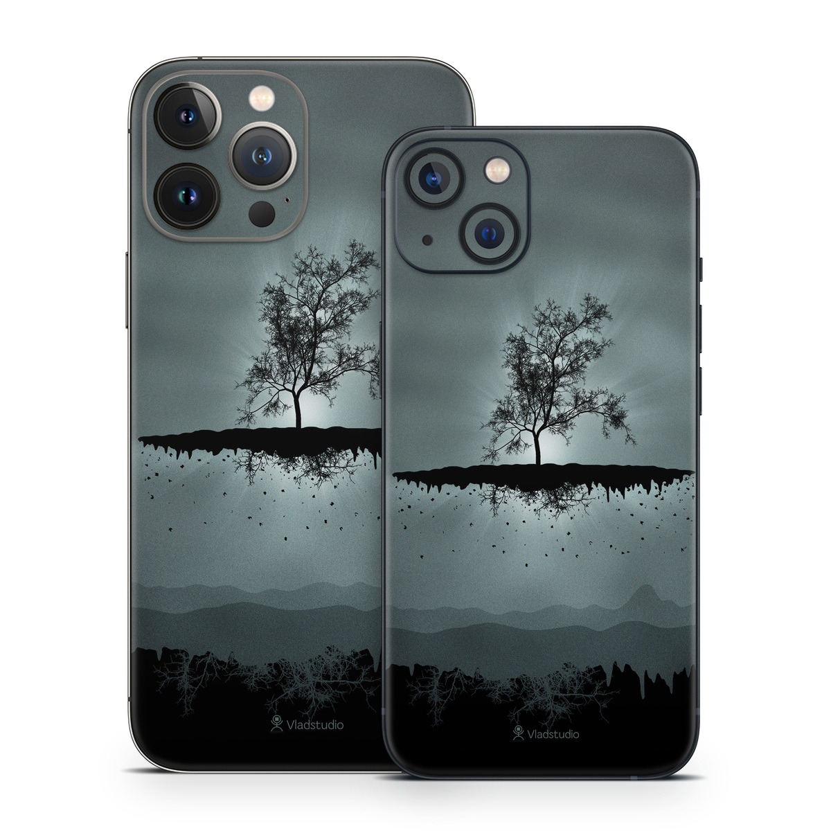 iPhone 13 Series Skin design of Reflection, Sky, Nature, Water, Black, Tree, Black-and-white, Monochrome photography, Natural landscape, Atmospheric phenomenon, with black, gray, blue colors