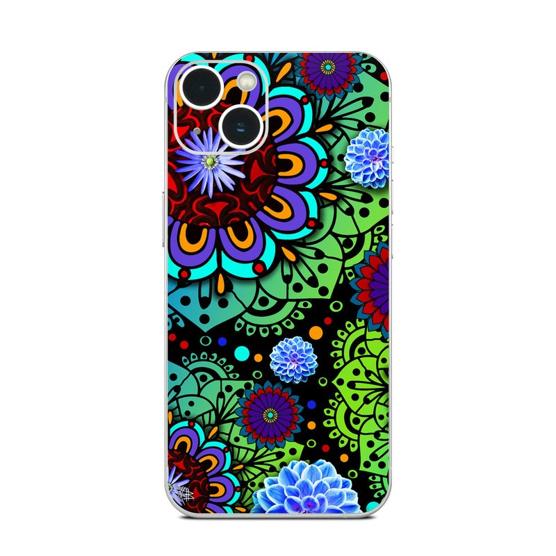 iPhone 13 Series Skin design of Pattern, Psychedelic art, Design, Flower, Art, Visual arts, Floral design, Plant, Textile, Symmetry, with black, blue, green, purple colors