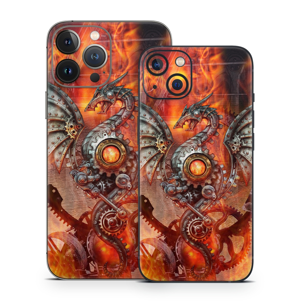 iPhone 13 Series Skin design of Dragon, Demon, Cg artwork, Illustration, Fictional character, Fractal art, Flame, Art, Mythology, Supernatural creature, with red, black, orange, pink, green colors