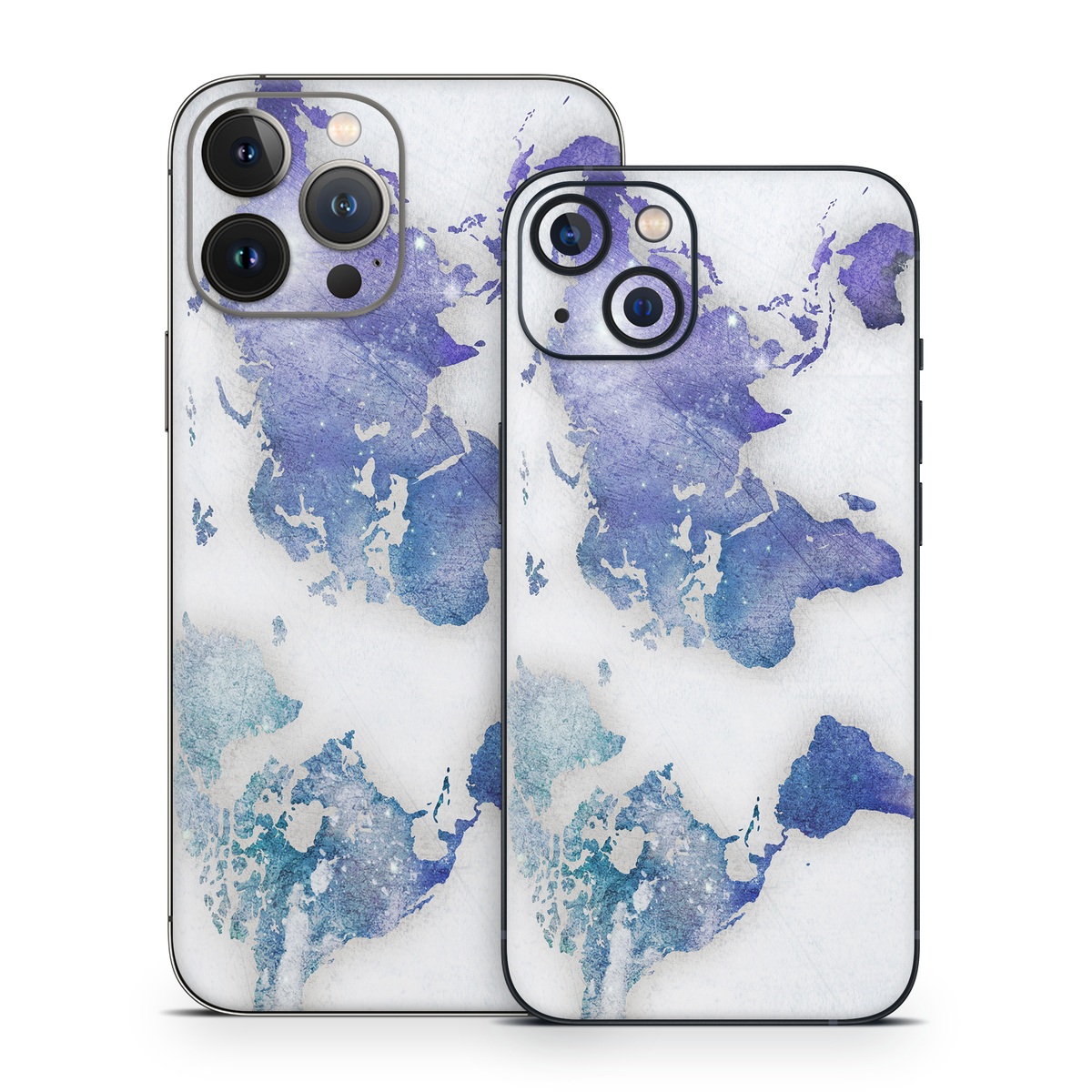 iPhone 13 Series Skin design of World, Map, Watercolor paint, Illustration, with white, blue, purple colors