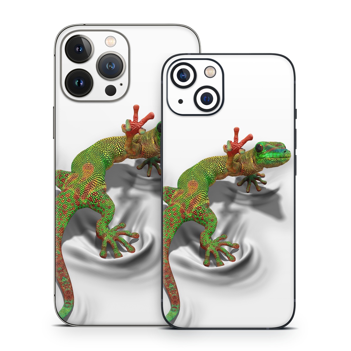 iPhone 13 Series Skin design of Lizard, Reptile, Gecko, Scaled reptile, Green, Iguania, Animal figure, Wall lizard, Fictional character, Iguanidae, with white, gray, black, red, green colors