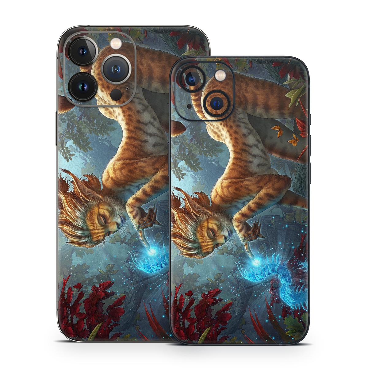 iPhone 13 Series Skin design of Fictional character, Mythology, Illustration, Cg artwork, Sky, Organism, Dragon, Felidae, Mythical creature, Art, with yellow, red, black, green, blue colors