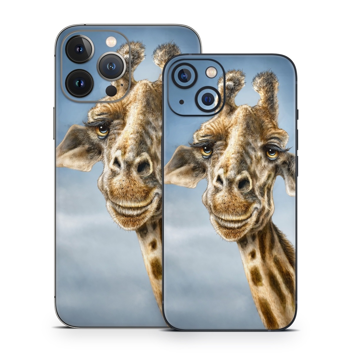 iPhone 13 Series Skin design of Giraffe, Giraffidae, Terrestrial animal, Wildlife, Head, Snout, Organism, Adaptation, Close-up, Neck, with gray, black, blue, green colors