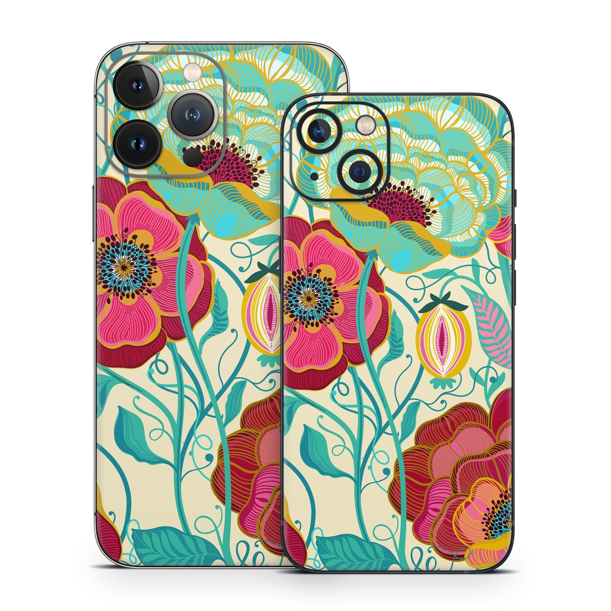 iPhone 13 Series Skin design of Plant, Botany, Textile, Pink, Creative arts, Petal, Magenta, Art, Pattern, Rectangle, with white, red, pink, yellow, green, blue, black colors