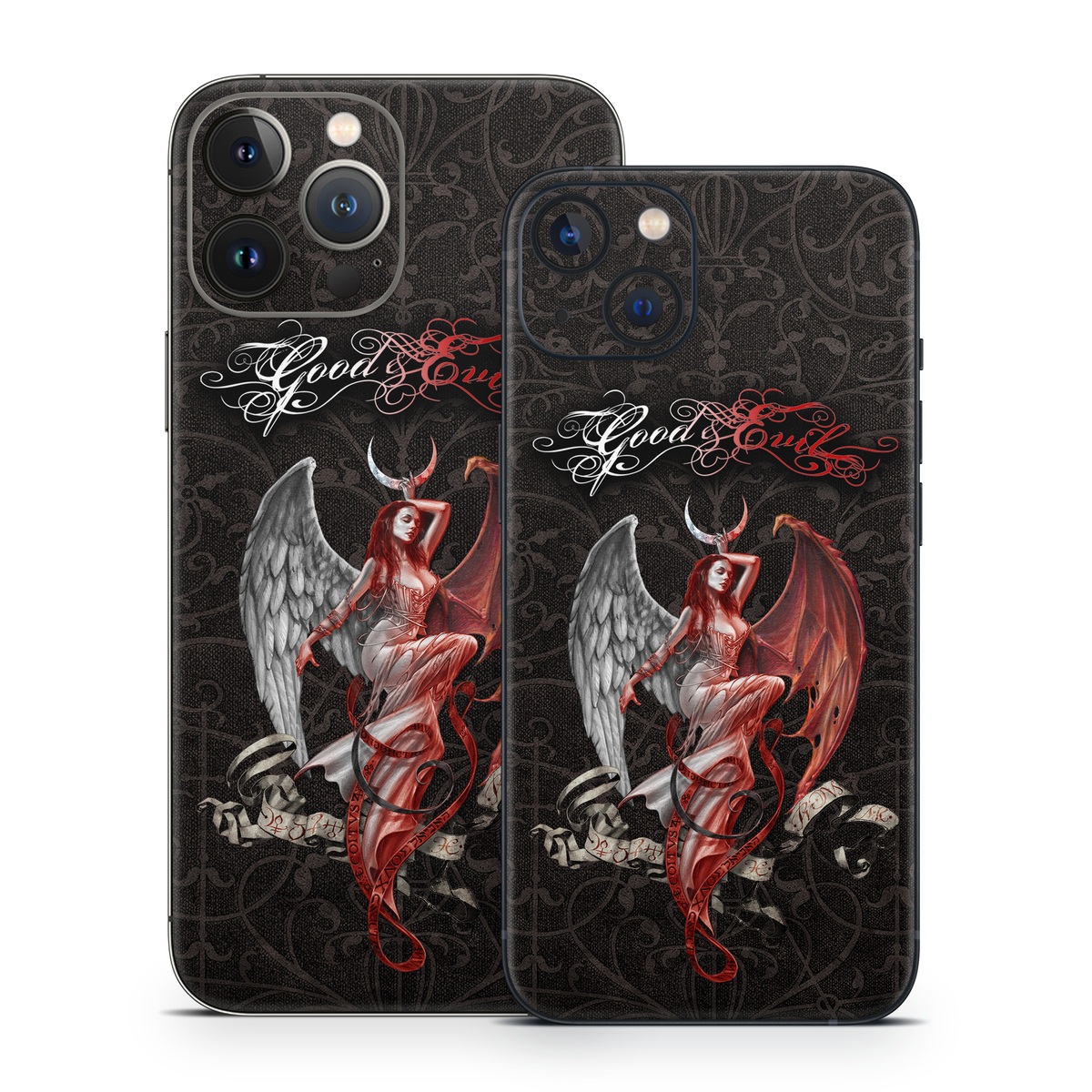 iPhone 13 Series Skin design of Illustration, Fictional character, Graphic design, Supernatural creature, Demon, Cg artwork, Art, Mythology, Angel, Wing, with black, white, red colors