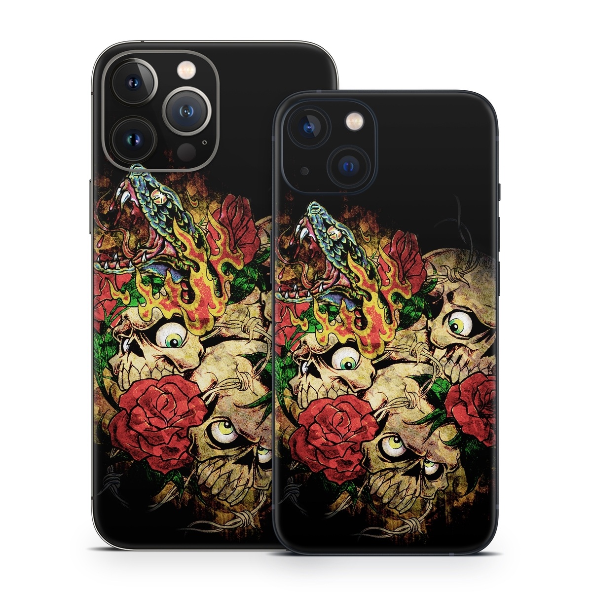 iPhone 13 Series Skin design of Illustration, Bouquet, Art, Skull, Plant, Rose, Flower, Graphic design, Fictional character, Floral design, with black, red, green, gray colors