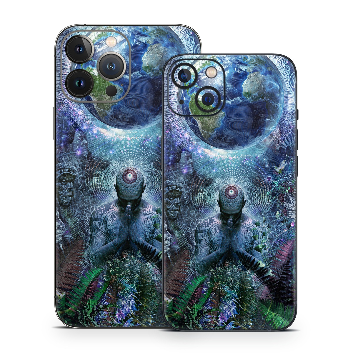 iPhone 13 Series Skin design of Psychedelic art, Fractal art, Art, Space, Organism, Earth, Sphere, Graphic design, Circle, Graphics, with blue, green, gray, purple, pink, black, white colors