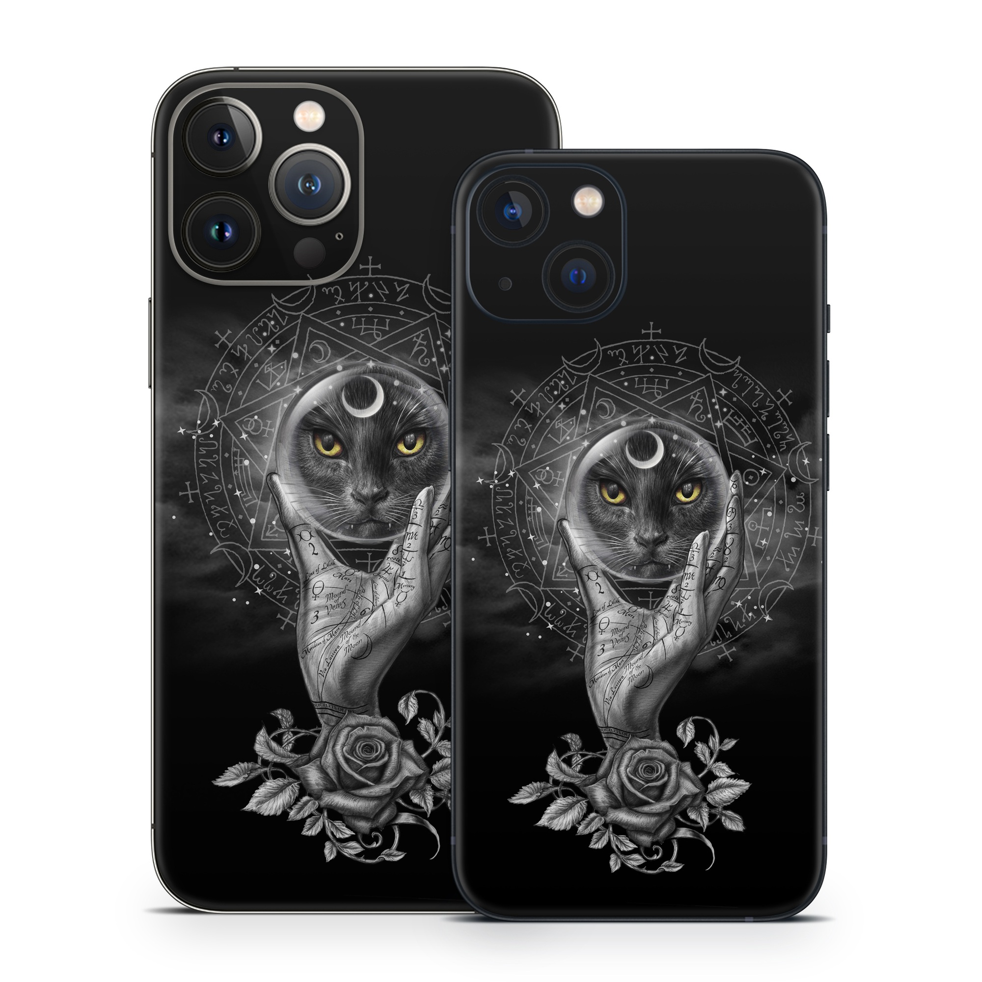 iPhone 13 Series Skin design of Head, Eye, Flash photography, Painting, Headgear, Art, Font, Snout, Darkness, Owl, with black, white, gray colors