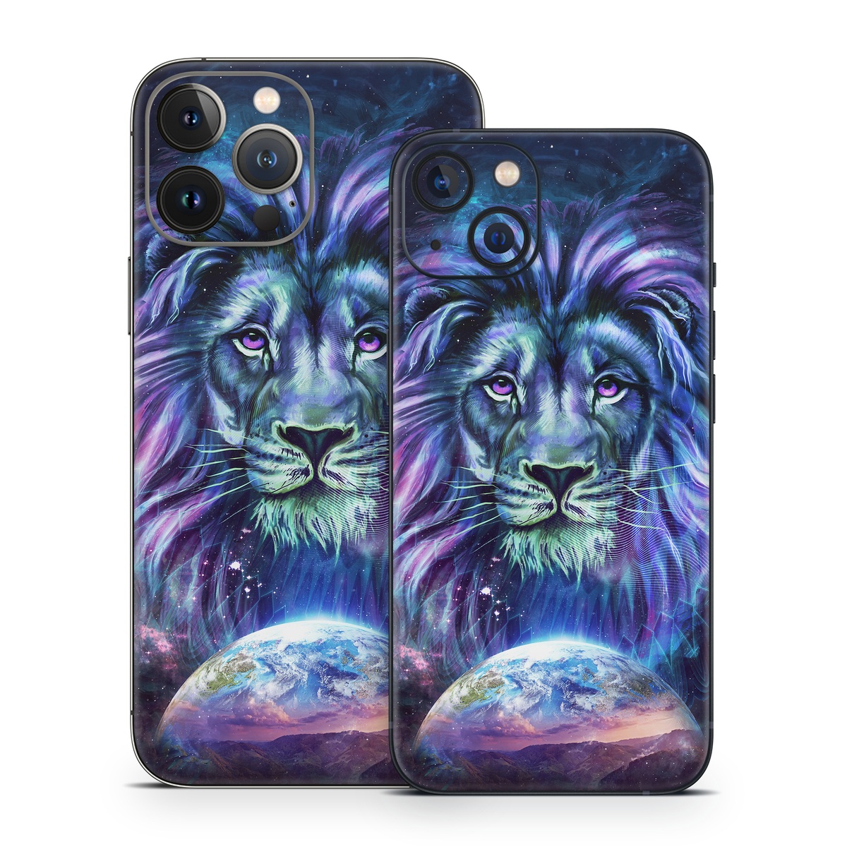 iPhone 13 Series Skin design of Lion, Felidae, Purple, Wildlife, Big cats, Illustration, Darkness, Space, Painting, Art, with purple, blue, green, black, white, red colors