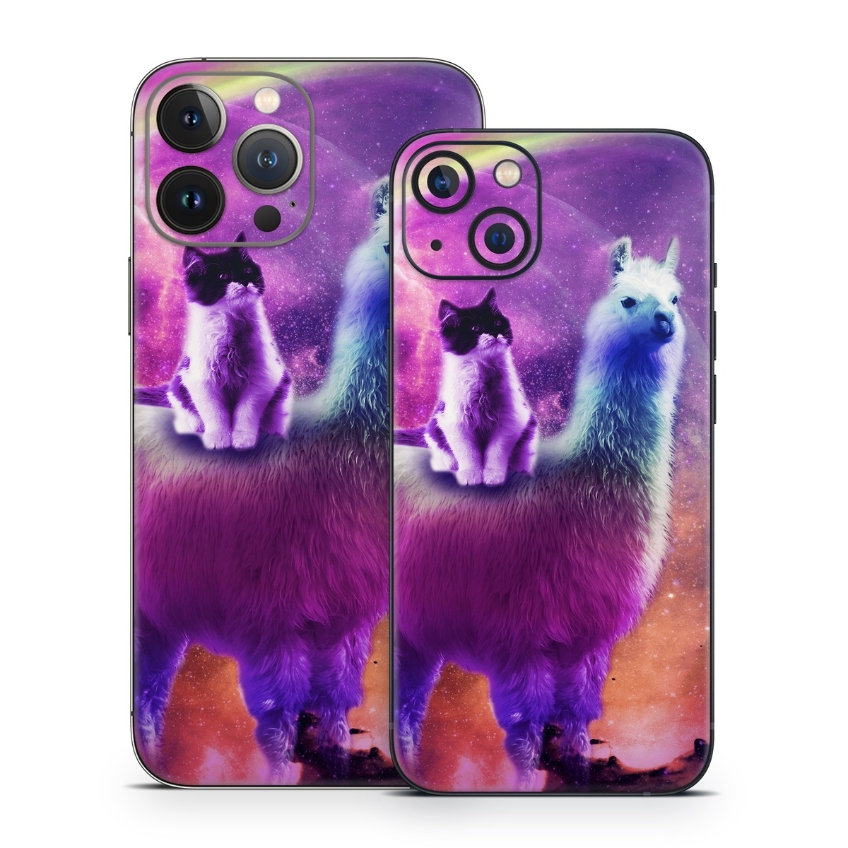 iPhone 13 Series Skin design of Llama, Purple, Camelid, Alpaca, Sky, Livestock, Space, with purple, white, blue, pink, yellow, black colors