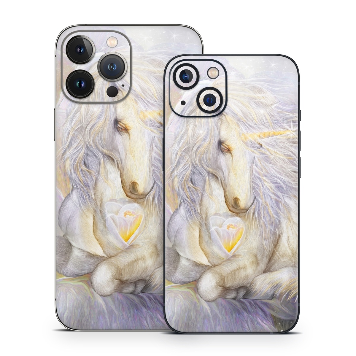 iPhone 13 Series Skin design of Fictional character, Mythical creature, Unicorn, Sky, Mythology, Supernatural creature, Illustration, with gray, black, green, pink, blue colors