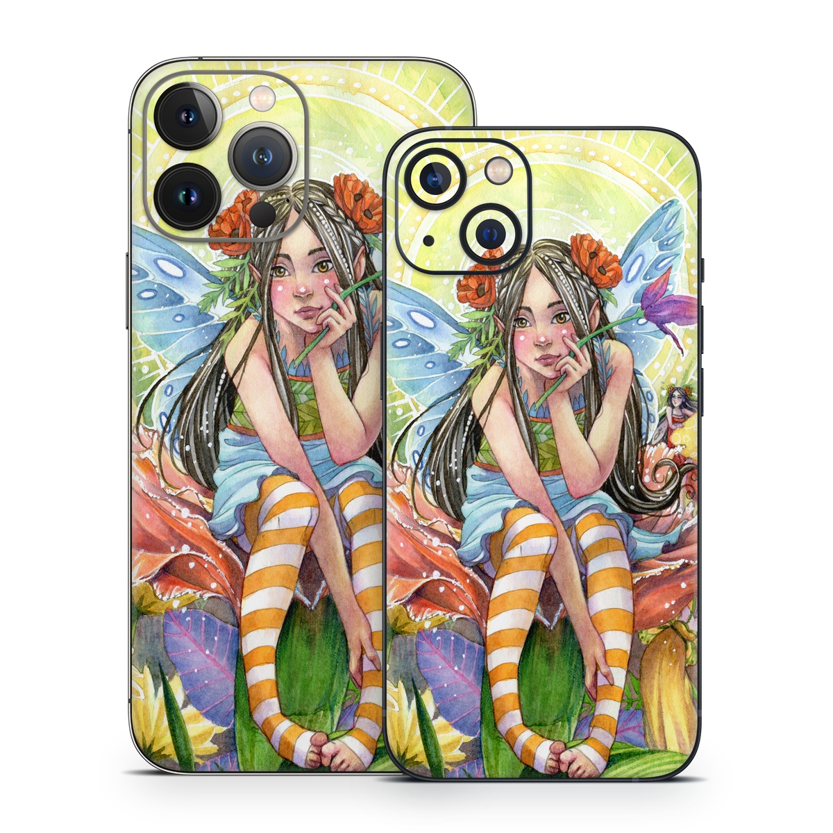 iPhone 13 Series Skin design of Fictional character, Illustration, Art, Plant, Painting, Wildflower, Mythical creature, with gray, green, black, yellow, red colors