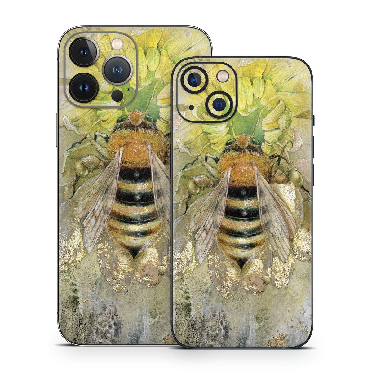 iPhone 13 Series Skin design of Honeybee, Insect, Bee, Membrane-winged insect, Invertebrate, Pest, Watercolor paint, Pollinator, Illustration, Organism, with yellow, orange, black, green, gray, pink colors