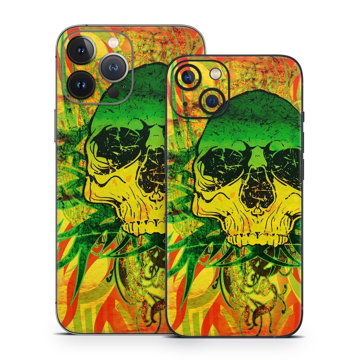iPhone 13 Series Skin design of Psychedelic art, Skull, Illustration, Bone, Art, Graphic design, Visual arts, Poster, Plant, Painting, with green, orange, black, red colors